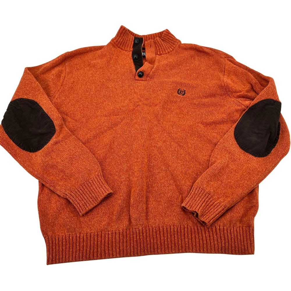 Chaps Mens Burnt Orange Cotton Quarter Zip‎ Sweater Elbow Patches Large 0443